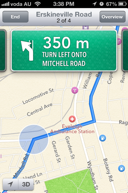 Screen shot of Apple Maps showing navigational instructions. Users swipe across the screen to move between each set of directions. 